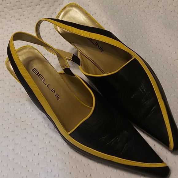 Unique leather black slingback heels with yellow trim. Made by Bellini - Picture 3 of 5